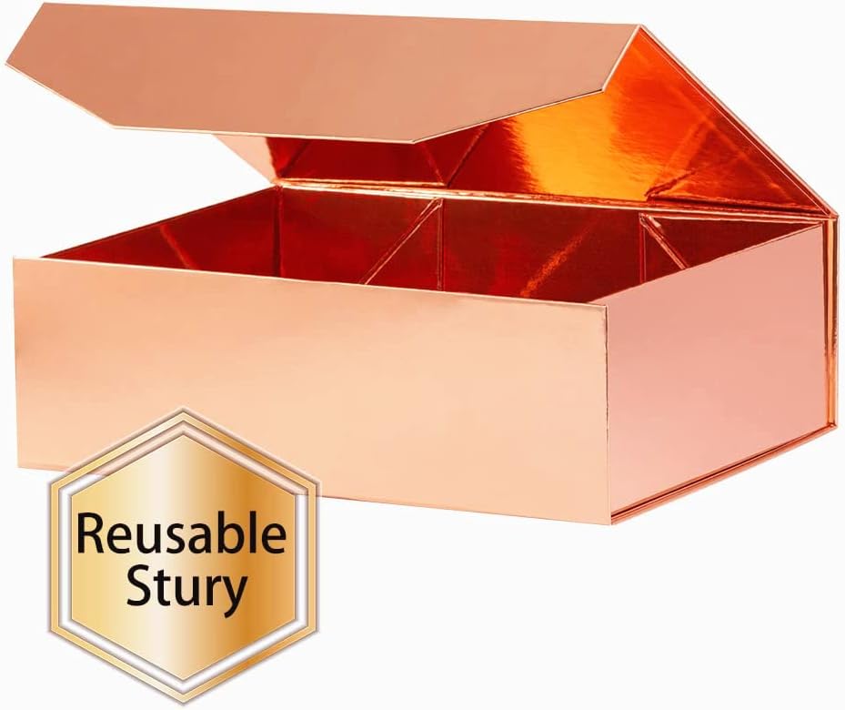 2 Rose Gold Large Gift Box with Lid 13x9x4 Inches, Gift Box Large with Magnetic Closure, Bridesmaid Proposal Boxes, Hard Collapsible Groomsman Boxes (Glossy Rose Gold)