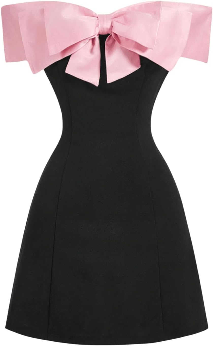 GORGLITTER Women's Bow Strapless Bodycon Mini Dress Off The Shoulder Wedding Guest Birthday Cocktail Going Out Dresses