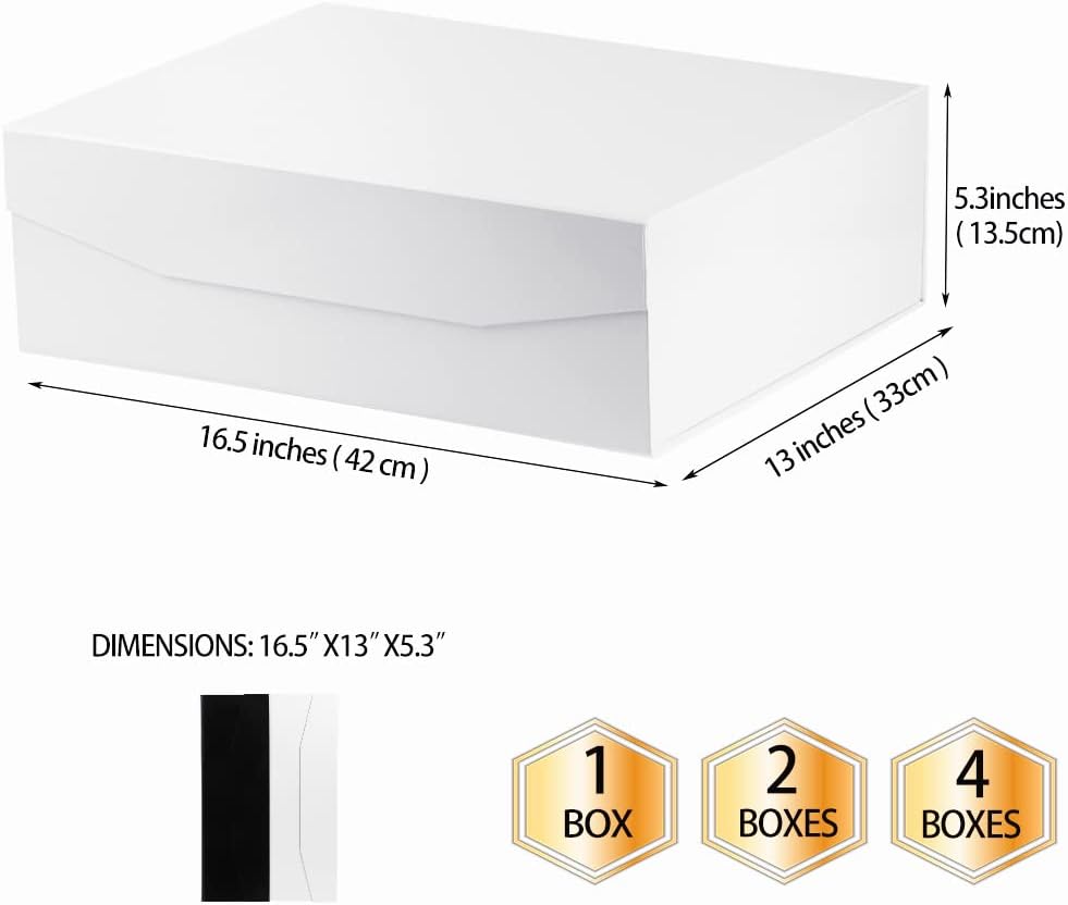 White Extra Large Gift Box with Lid 4 Pcs 16.5 x 13 x 5.3 Inches, Gift Box large White Gift Boxes for Presents Clothes Robe Wedding Dress Sweater,Reusable Foldable Bridesmaid Proposal Box（Glossy）