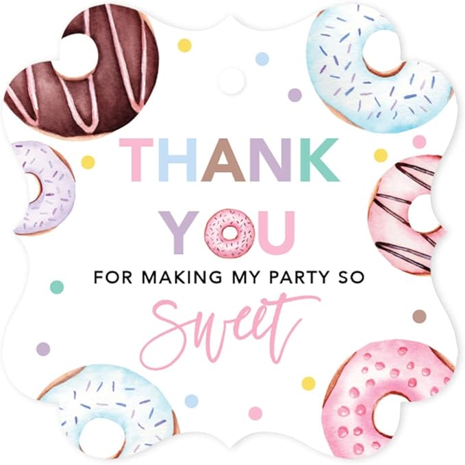 Andaz Press Fancy Frame Kids Party Favor Thank You Tags with String, 48-Pack Donut Birthday Gift Tags for Gift Bags, Favor Bags, Goody Bags, Girls & Boys, Gender-Neutral 1st Birthday Party Favors