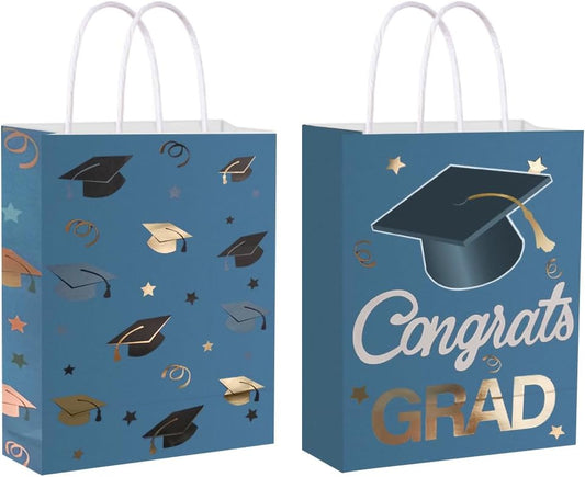 12 Pieces Graduate Gift Bags, Graduation Party Favor Gifts Wrapping Bags for Graduation Season Theme Party Supplies Decoration (Blue Gold)