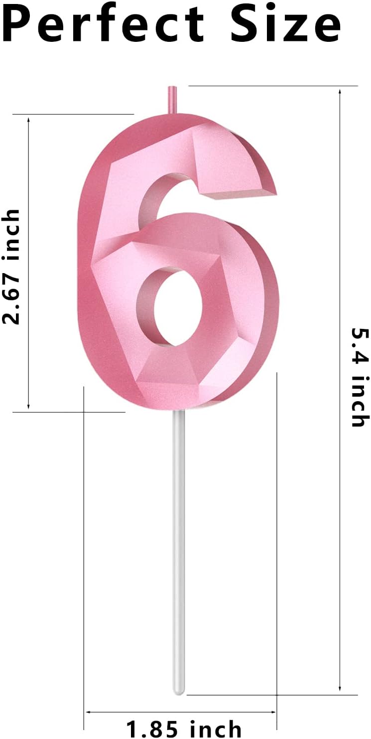 Number Birthday Candles(6 Candle Pink) 3D Diamond Shape 6th Happy Birthday Cake Topper Decorations for Girl Women Birthday Wedding Anniversary Celebration Theme Party Supplies