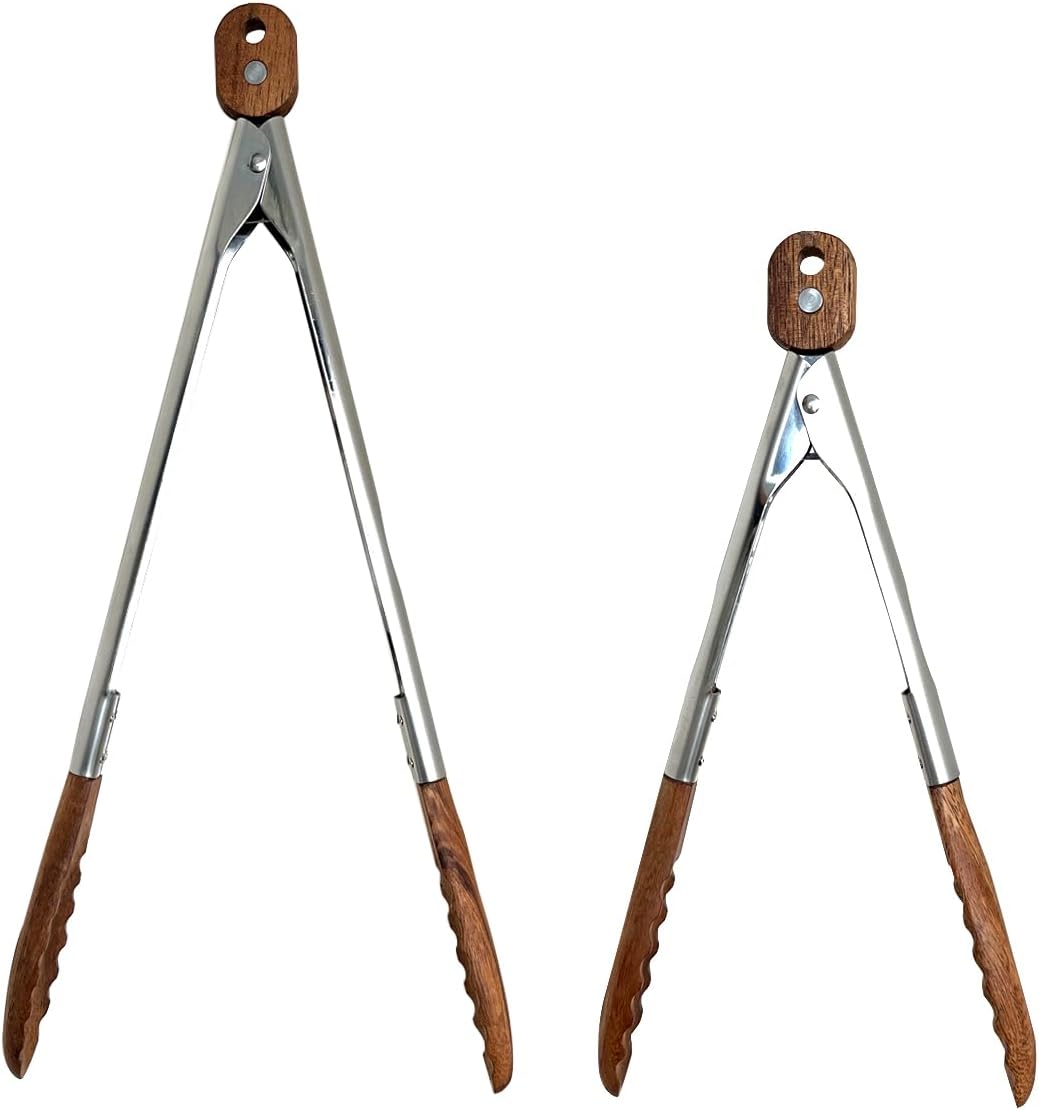 Lee's Clover Wooden Tongs for Cooking with Walnut Wood Tips & Stainless Steel Handle – Food & Kitchen Tongs for Serving, Salad, BBQ, Buffet, Grill (Small + Large)