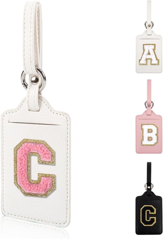 Personalized Initial Luggage Tags for Suitcases, Leather Chenille Letter Cute Luggage Tags with Privacy Name Card, Embroidered Travel Bag Backpack Tags Gifts for Women Kids Girls Teens(White-C)