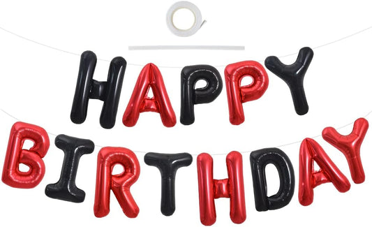 TONIFUL Happy Birthday Balloons Banner with Ribbon Straw, 16 Inch Mylar Letters Birthday Sign Banner Balloon Bunting Reusable for Girls Boys Kids & Adults Birthday Halloween Supplies（Black Red）