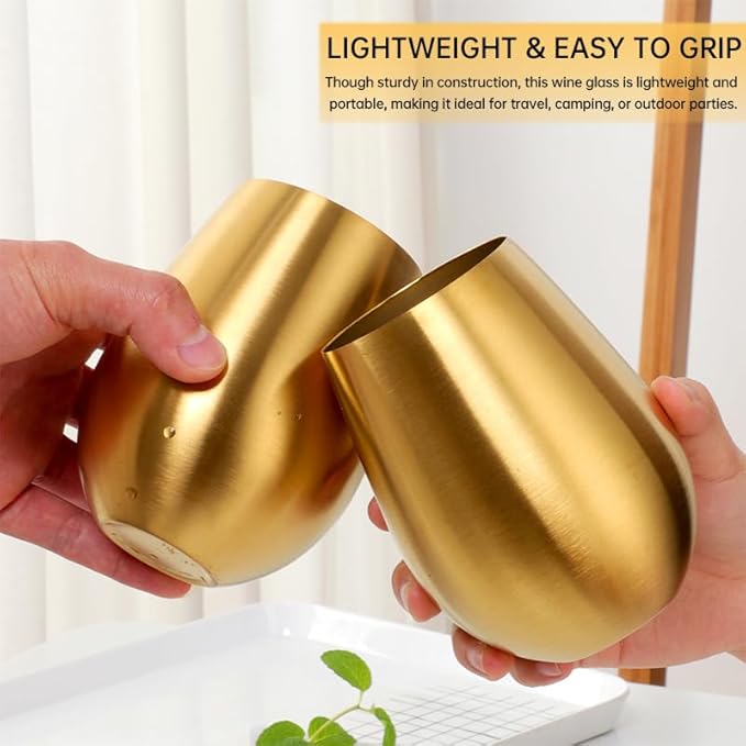 Buyer Star 304 Stainless Steel Wine Glasses Set of 4 - Large 17 oz Outdoor Stemless Wine Tumblers - 100% Unbreakable & Stemless Metal Drinking Cups for Home and Outdoors Dishwasher safe (Gold)