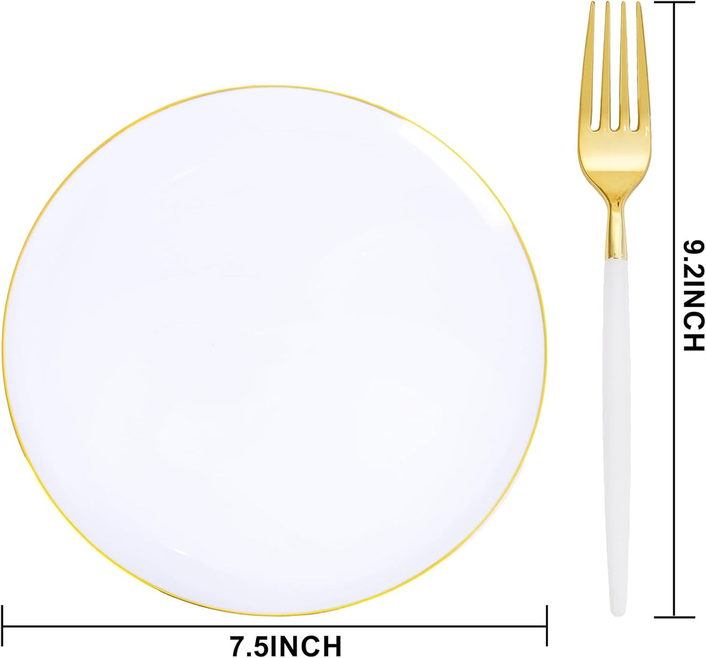 LIYH 96 Pcs White Gold Plastic Plates with Dessert Forks, 48 Plates and 48 Forks, Gold Cake Appetizer Plastic Disposable Plates for Tea Parties, Birthdays & Wedding 48 Guests