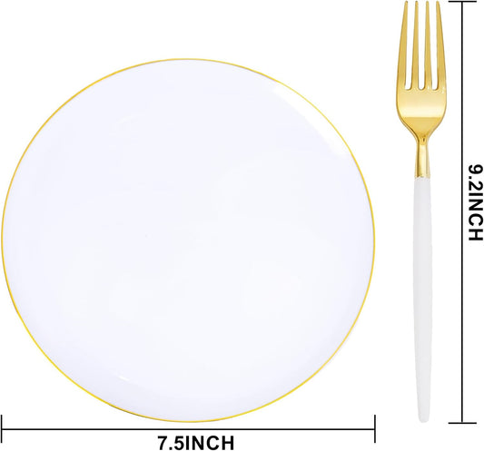 LIYH 96 Pcs White Gold Plastic Plates with Dessert Forks, 48 Plates and 48 Forks, Gold Cake Appetizer Plastic Disposable Plates for Tea Parties, Birthdays & Wedding 48 Guests