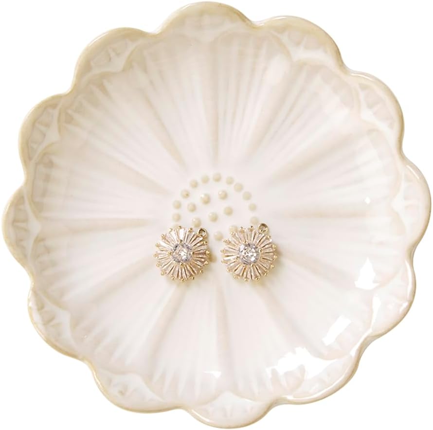 Lotus Ring Holder Dish Small Indoor Ash Tray, Ceramic Dessert Plate Trinket Jewelry Holder Organizing Necklace Earrings for Parents Friends Sister, White. All Jewelries Are NOT Included.