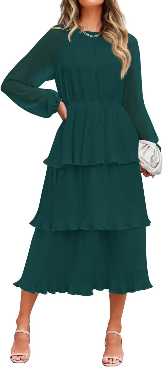 ZESICA Women's 2025 Long Sleeve Crew Neck Ruffle Tiered Layered Chiffon Flowy Swing Long Midi Dress