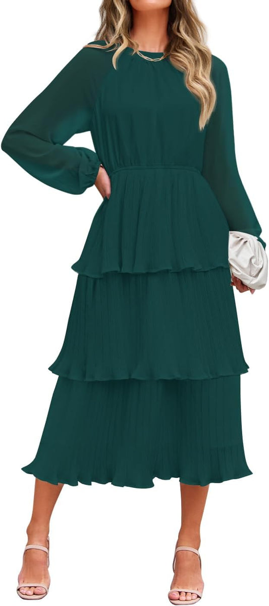 ZESICA Women's 2025 Long Sleeve Crew Neck Ruffle Tiered Layered Chiffon Flowy Swing Long Midi Dress
