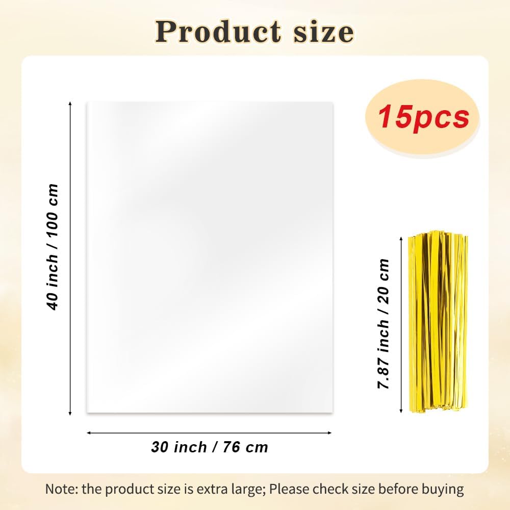 Cellophane Bags, 15 PCS Clear Gift Bags 30 x 40 Inch Large Cellophane Wrap for Gift Baskets, Cello Bag Clear Basket Bag Plastic Gifts Bag for Wedding Baby Shower Birthday Christmas Graduation Gift
