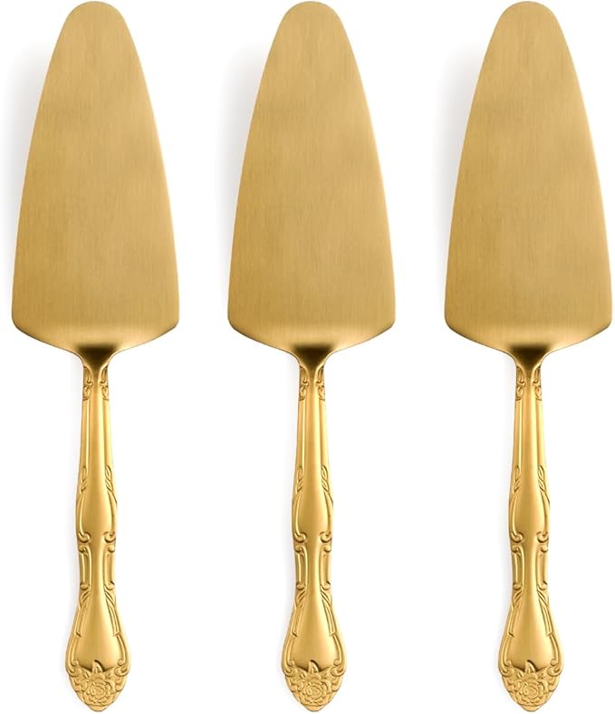 Deeny Jarte 3-Piece Matte Gold Cake Server Set - 9.3-Inch Stainless Steel Cake Server Spatula with Decorative Rose Handle – Rust-Resistant, Dishwasher Safe, for Weddings, Birthdays