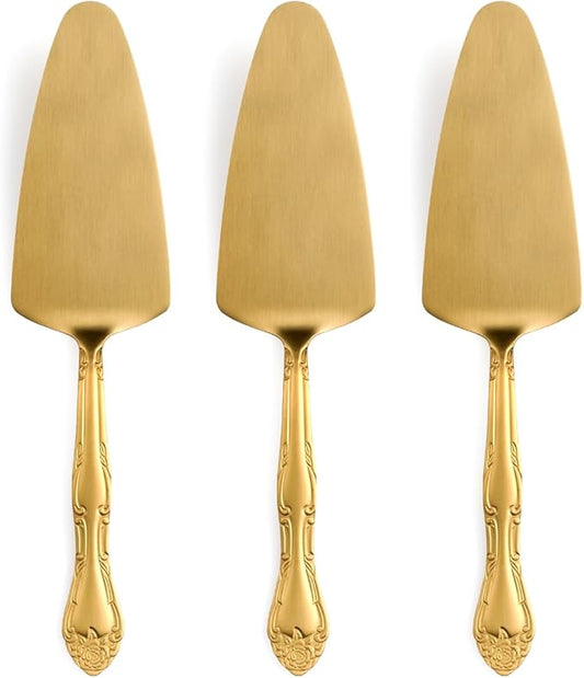 Deeny Jarte 3-Piece Matte Gold Cake Server Set - 9.3-Inch Stainless Steel Cake Server Spatula with Decorative Rose Handle – Rust-Resistant, Dishwasher Safe, for Weddings, Birthdays