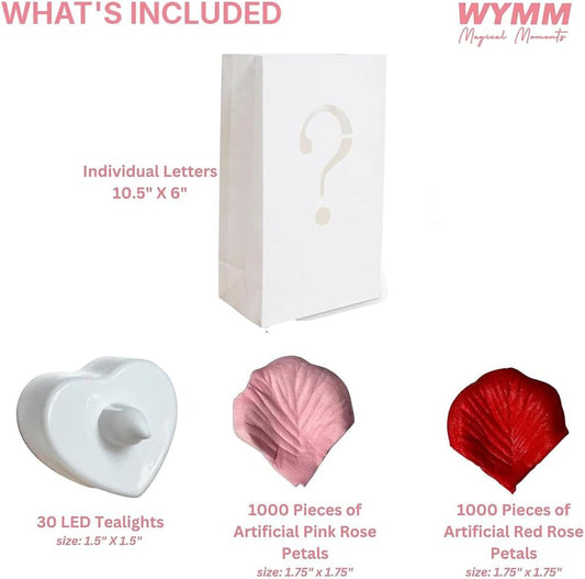 “MR & MRS” light up letters with Tealight Candles and Rose petals included. Luminary Paper Bags to be used as Wedding Decorations for Reception or as Newlywed Gift for the Honeymoon Suite