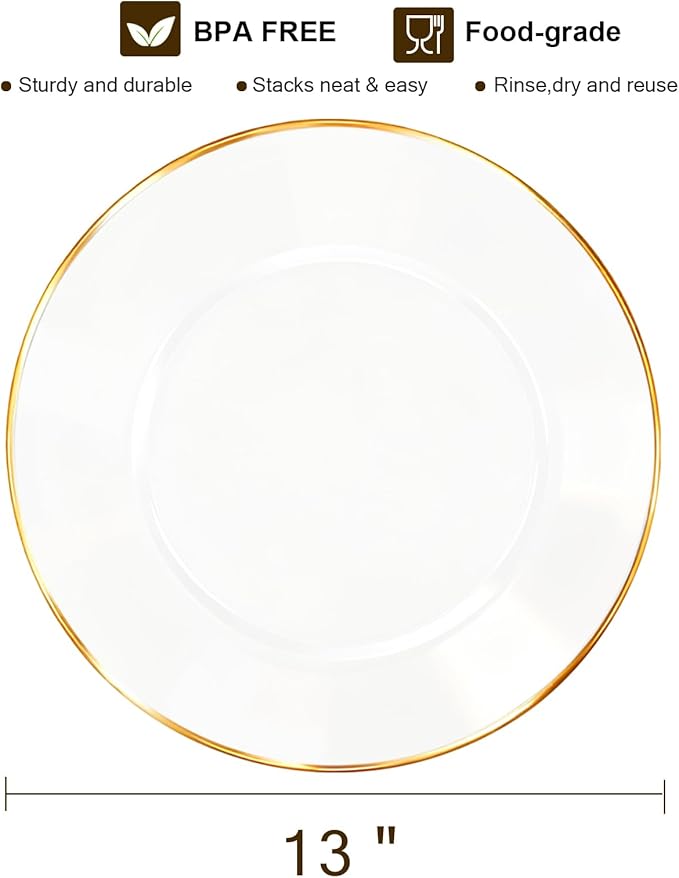 13 Inch Charger Plates, 8 Pack, Clear Charger Plates with Gold Rim, Heavy Duty Disposable Plastic Chargers for Dinner, Elegant Dining, Wedding, Party, Formal Event Decoration (8, Gold)