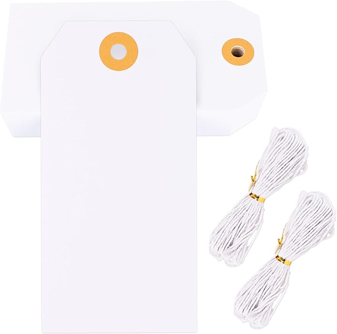G2PLUS Price Tags with String, 2.4x4.7 in Blank Labeling Tags, White Paper Hang Tag with Reinforced Hole for Shipping, Clothing, Pricing, Marking, Gift Wrapping