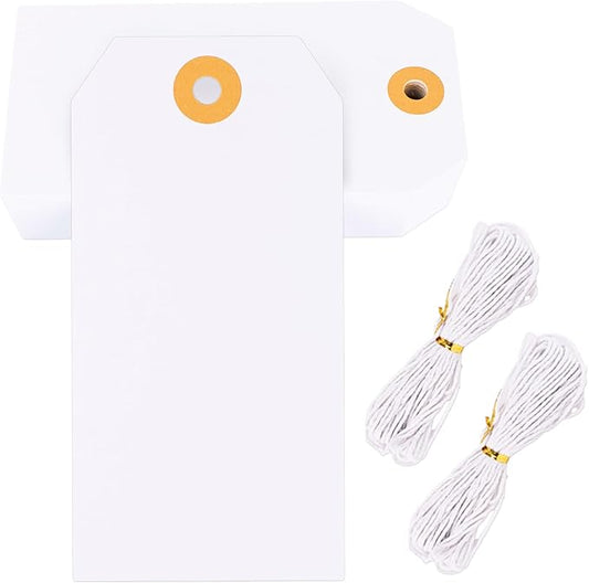 G2PLUS Price Tags with String, 2.4x4.7 in Blank Labeling Tags, White Paper Hang Tag with Reinforced Hole for Shipping, Clothing, Pricing, Marking, Gift Wrapping