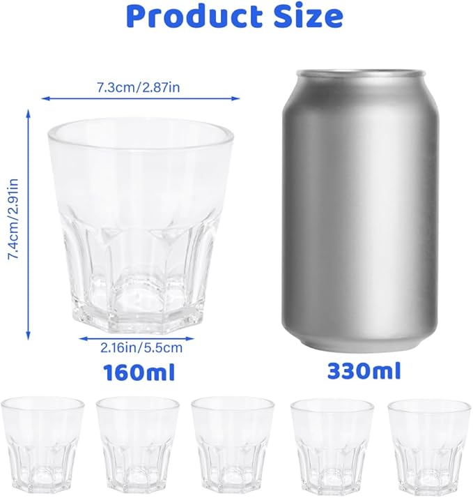 Plastic Drinking Glasses Set of 6, Unbreakable Water Tumbler, Acrylic Plastic Cups, Reusable Kids Drinking Cups for Children Kitchen Cocktail Picnic Party Juice Whiskey Wine (6pc-clear-160ml/5.4oz)