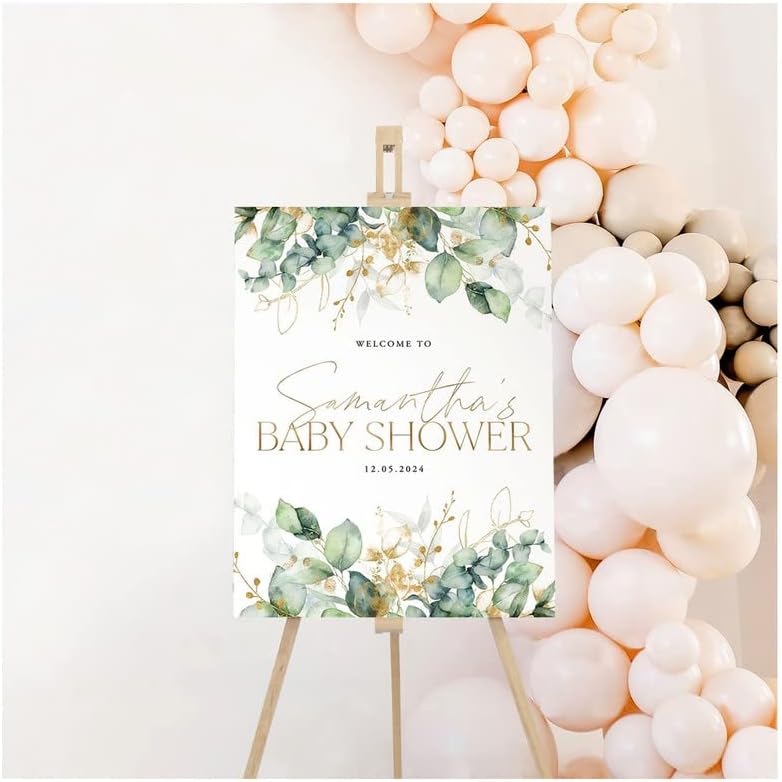 Greenery Gold Personalized Baby Shower Sign, Welcome to Baby Party Sign, Printable Eucalyptus Greenery Welcome Sign, Editable Greenery Baby Shower Sign Decoration, Gender Neutral Baby Shower Signs, Plastic Sign.