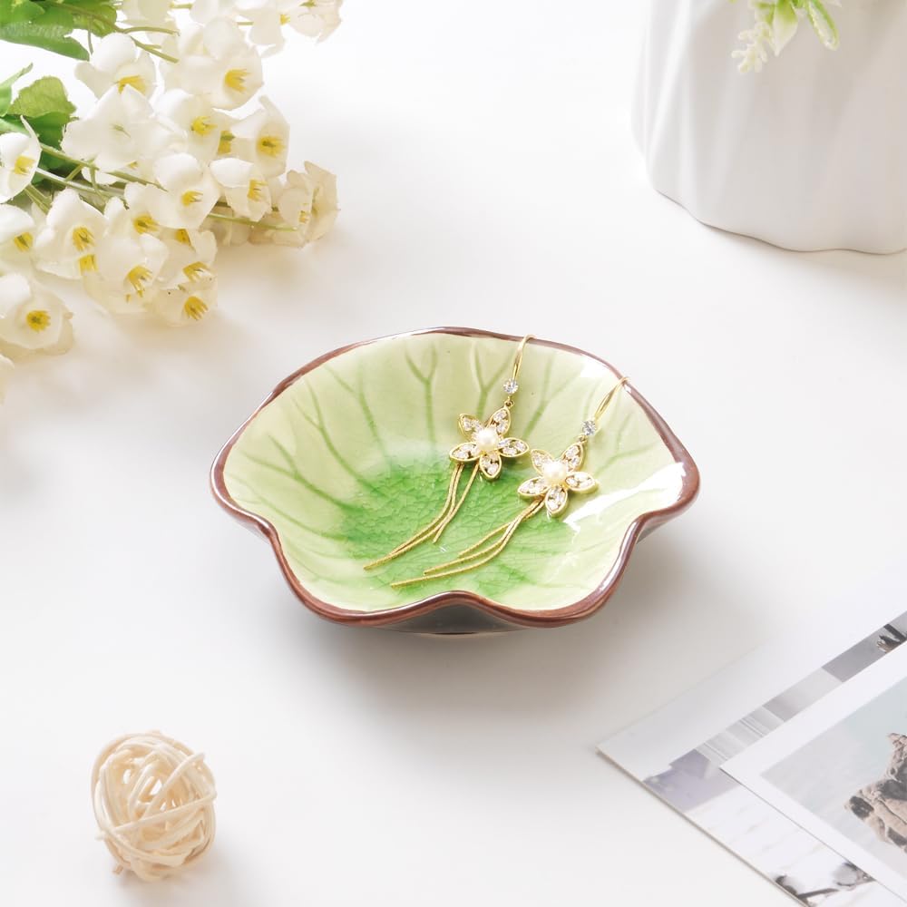 Ice Cracking Leaf Jewelry Dish, Decorative Ring Holder Small Trinket Tray Bowl, Gifts for Daughter Mom Friends, Grass Green.