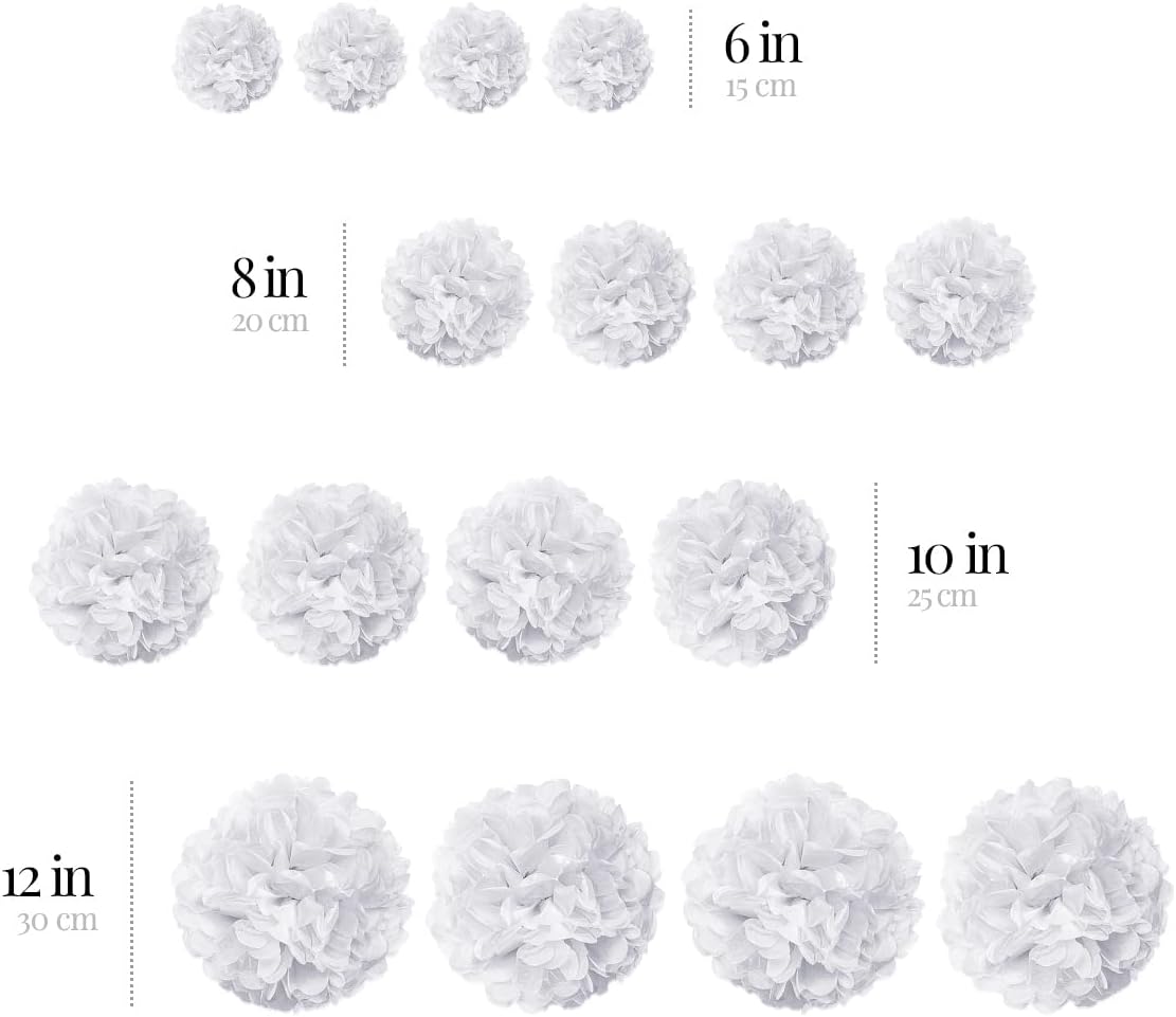 White Tissue Paper Pom Poms - White Party Decorations for Birthdays, Weddings, Bridal and Baby Showers, Engagements and Special Occasions by Avoseta (16 Piece Set, Assorted Sizes)