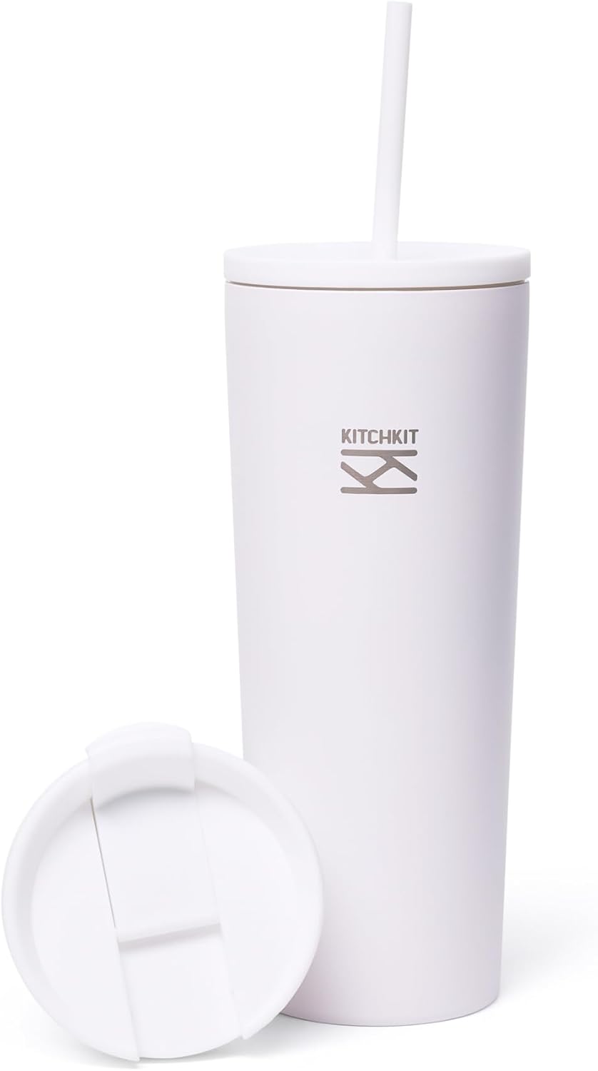 750ml (25oz) Insulated Tumbler with Straw, Flip Lid & Bonus Sticker Pack – Stainless Steel Reusable Travel Cup (Polar Frost)