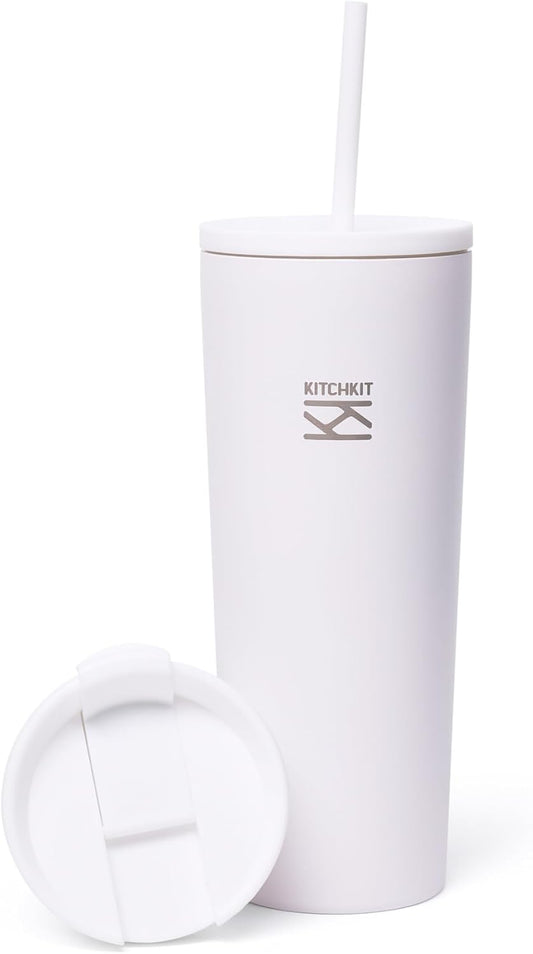 750ml (25oz) Insulated Tumbler with Straw, Flip Lid & Bonus Sticker Pack – Stainless Steel Reusable Travel Cup (Polar Frost)