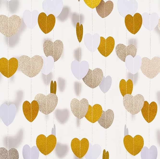 52 Feet White Gold Heart Streamers Garland Hanging Paper Banner Party Decorations for Christmas Wedding Engagement Bachelorette Baby Bridal Shower