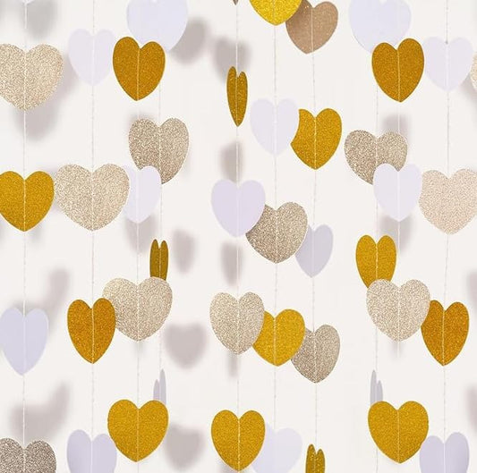 52 Feet White Gold Heart Streamers Garland Hanging Paper Banner Party Decorations for Christmas Wedding Engagement Bachelorette Baby Bridal Shower