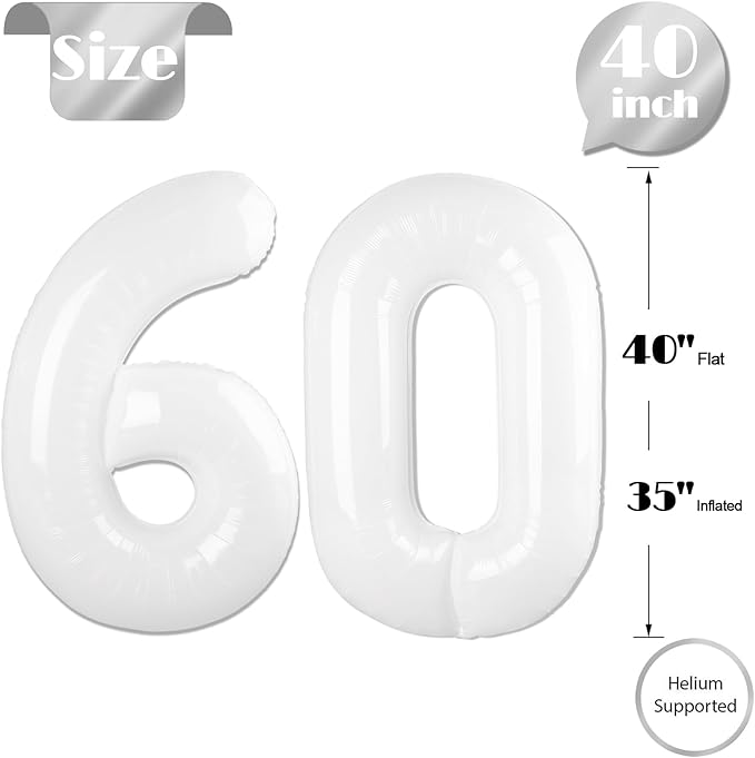 White Number 60 Balloon 40 inch, Translucent 60 Number Balloons, 60th White Birthday Decorations for Women Men, 60 Year Old Party Supplies