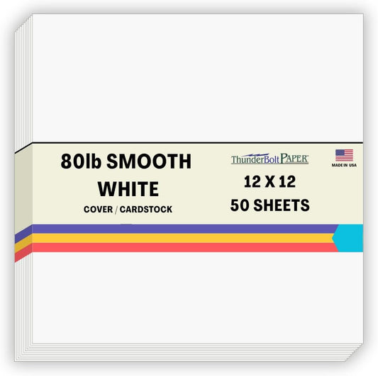 50 Bright White Smooth 80# Card Paper Sheets - 12" X 12" (12X12 Inches) Scrapbook Album|Cover Size - 80 lb/Pound Cover Weight - Quality Paper for Consistency in Print as a Result of The Smooth Finish