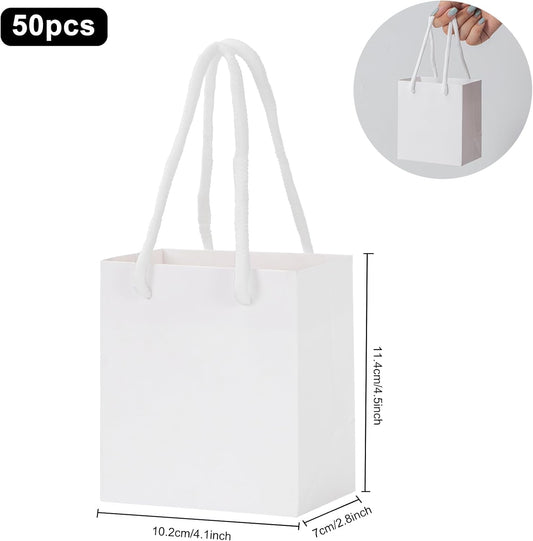 driew Small White Gift Bags 50 Pcs, 4" x 2.8" x 4.5" Min Thick Kraft Paper Bags Bulk with White Handles Set for Wedding Party Birthday Gathering Baby Shower