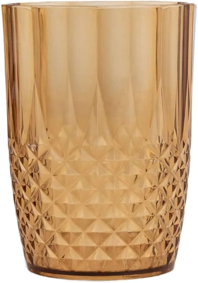 Efavormart 6-Pack Plastic Tumblers, 16oz Unbreakable Drinking Glasses Crystal Cut Style Amber Gold - Shatterproof Short Cups