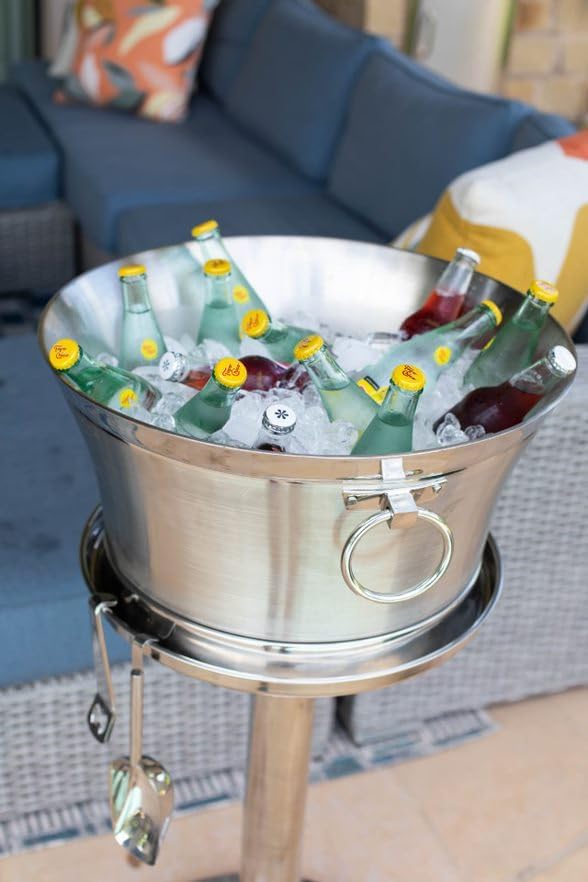 BIRDROCK HOME Metal Beverage Tub w/Stand, Scoop & Bottle Opener - Stainless Steel Double Wall Ice Cooler - Large Drinks, Beer, Wine, Champagne Chiller Buckets w/Holder for Parties - Silver Container
