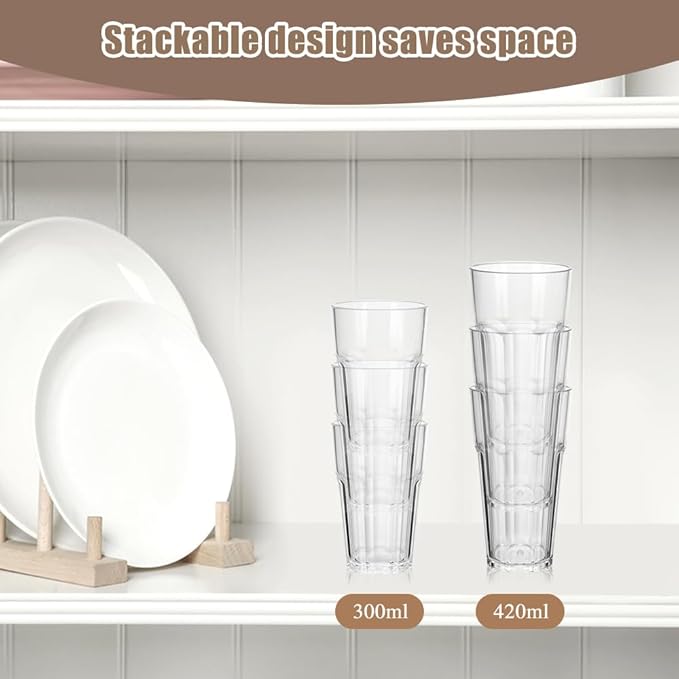 6 Pcs Plastic Tumblers, Unbreakable Water Cups, Reusable Drinking Cup for Kids and Adults, Stackable Acrylic Glasses for Camping Picnic Party Juice Cocktail Whiskey Wine (6pc-clear-300ml/10oz)