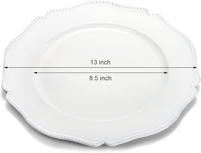 Foraineam 12 Pack White Charger Plates with Beaded Rim, 13 Inch Round Plastic Dinner Chargers, Scalloped Serving Plates for Table Settings Wedding Party Catering Event Decoration