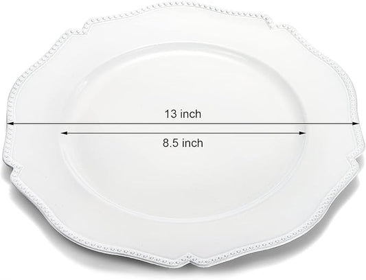 Foraineam 12 Pack White Charger Plates with Beaded Rim, 13 Inch Round Plastic Dinner Chargers, Scalloped Serving Plates for Table Settings Wedding Party Catering Event Decoration