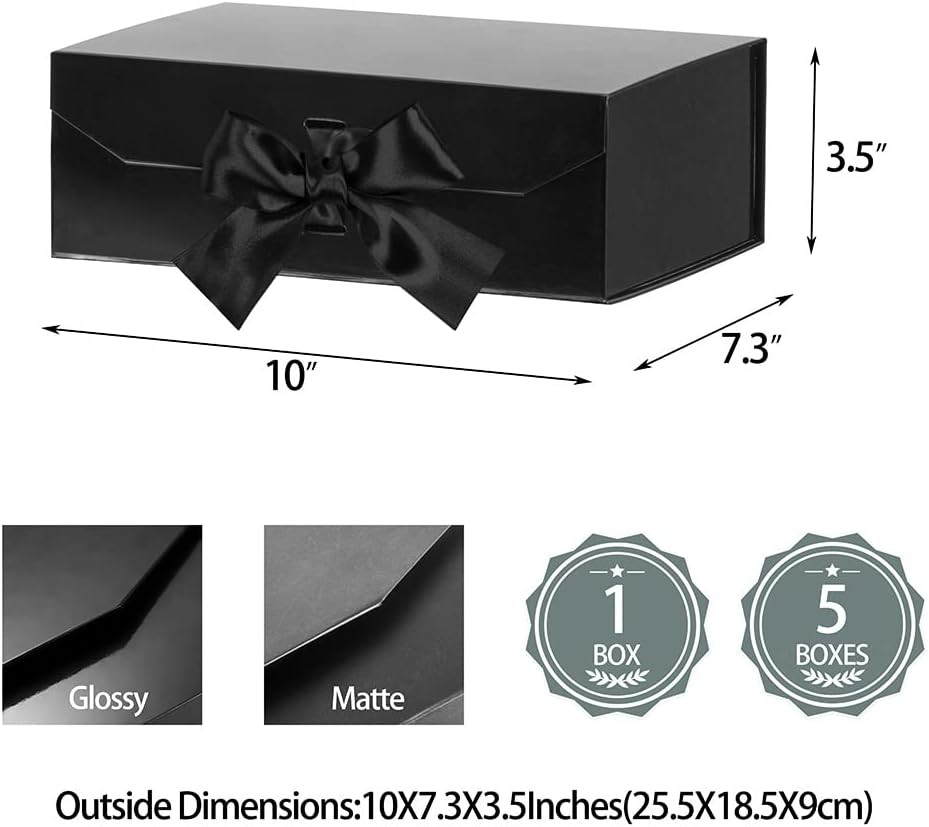 Black Gift Boxes for Presents 10x7.3x3.5 Inches, Decorative Boxes with Ribbons, Empty Gift Boxes with Lid Magnetic Closure, Groomsman Boxes Christmas (Glossy Black)