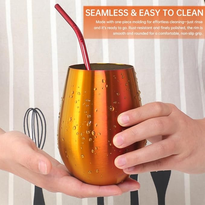 Buyer Star 304 Stainless Steel Wine Glasses Set of 2 - Large 17 oz Outdoor Stemless Wine Tumblers - 100% Unbreakable & Stemless Metal Drinking Cups for Home and Outdoors Dishwasher safe (Orange Red)