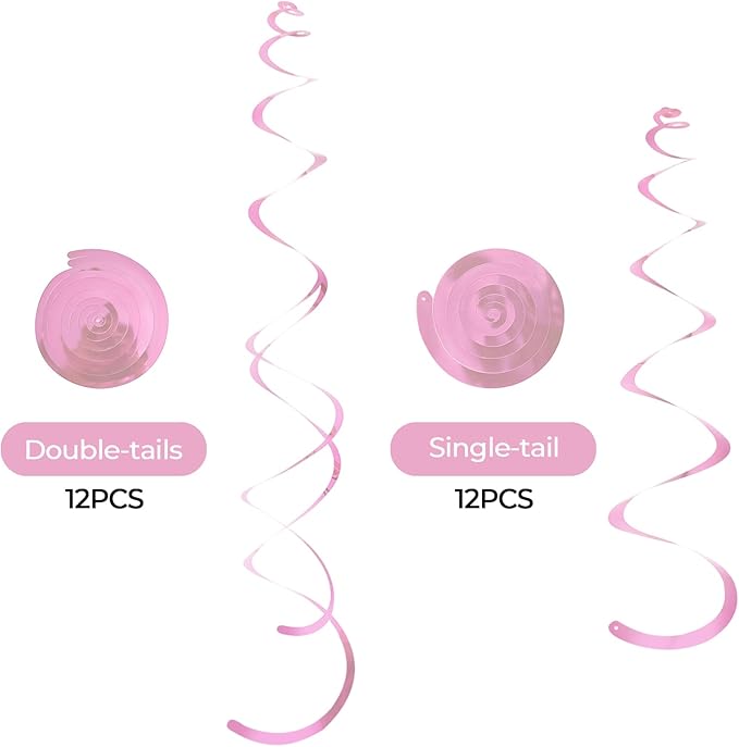 24 PCS Pink Hanging Swirl, Sparkle Ceiling Hanging Decorations, Plastic Streamer Party Decorations with Double-Swirls and Single-Swirls for Birthday Decorations, Valentine's, Galentines,Baby Shower