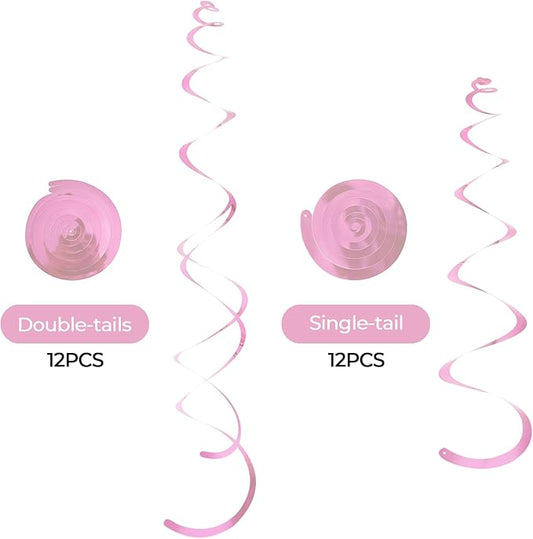 24 PCS Pink Hanging Swirl, Sparkle Ceiling Hanging Decorations, Plastic Streamer Party Decorations with Double-Swirls and Single-Swirls for Birthday Decorations, Valentine's, Galentines,Baby Shower