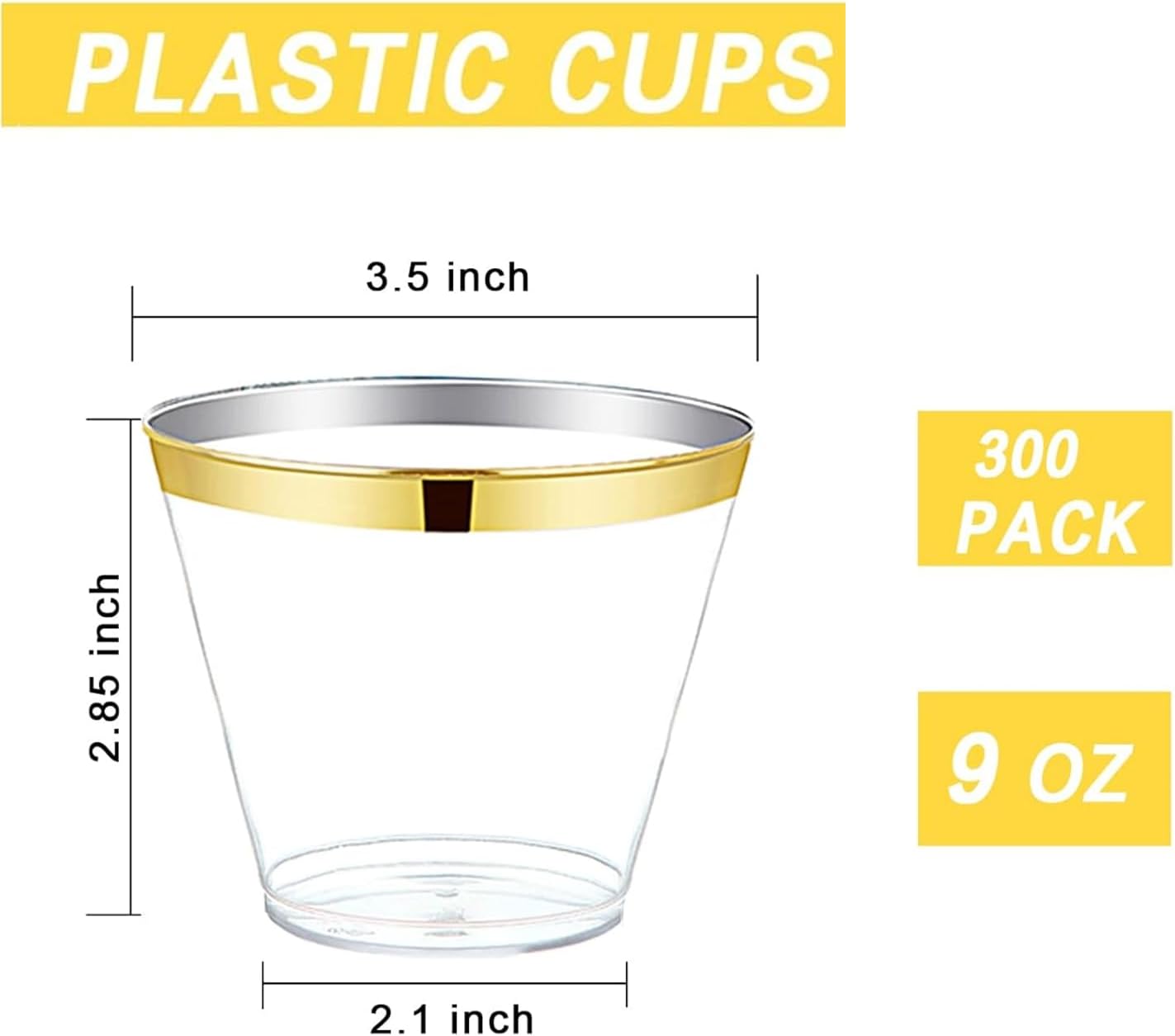 Ciaell 300PCS Gold Plastic Cups - 9Oz Heavy Duty Plastic Cups - Gold Rimmed Disposable Cup - Disposable Clear Wine Cup with Gold Rim for Party & Wedding & Thanksgiving