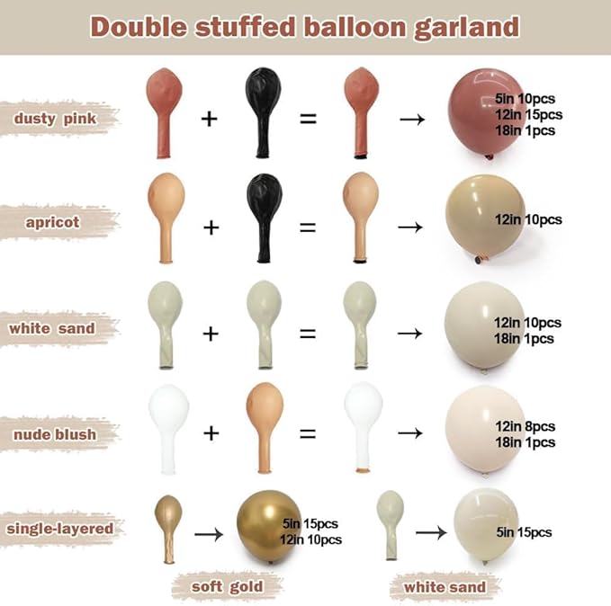 Dusty Rose Balloon Arch Kit Double Stuffed Mauve Pink Cream White Sand Tan Boho Balloon Garland with Blush Brown Gold Latex for Baby Shower Wedding Birthday Fall Party Decoration