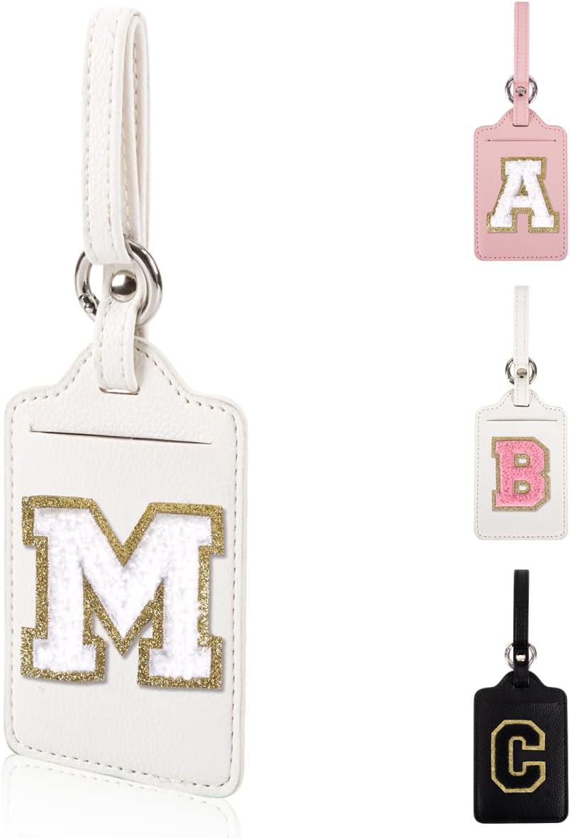Personalized Initial Luggage Tags for Suitcases, Leather Chenille Letter Cute Luggage Tags with Privacy Name Card, Embroidered Travel Bag Backpack Tags Gifts for Women Kids Girls Teens(White-M)