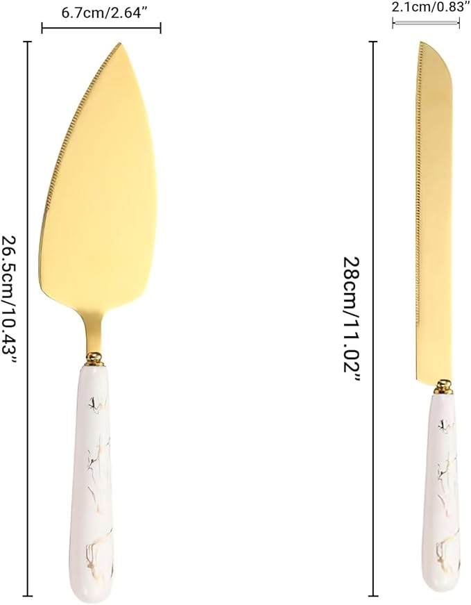 sinfinate Personalized Wedding Cake Knife and Server Set Gold - Custom Engraved Stainless Steel Cake Servers Cutting Set with Marble Pattern, Elegant Gift for Wedding Anniversary Birthday Christmas