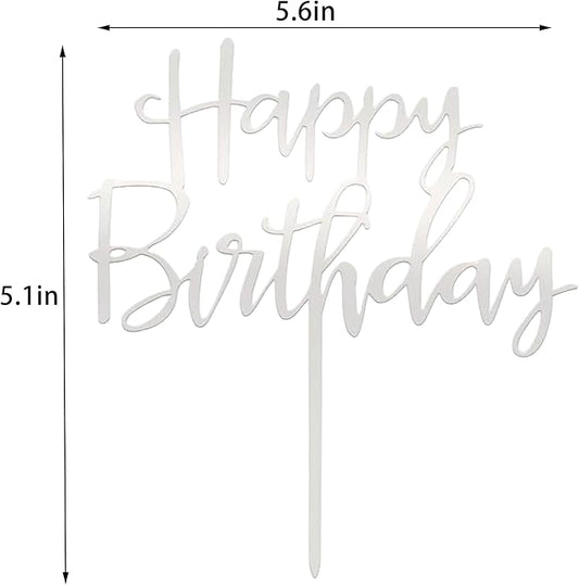 Happy Birthday Cake Topper, Mirrored Acrylic Cake Decoration Personalized Cake Toppers for Various Birthday Party Cake Decoration Supplies - Silver