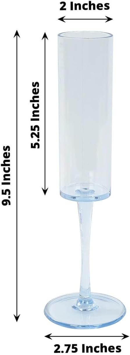 Efavormart 6 Pack Transparent Dusty Blue Reusable Plastic Champagne Flute Glasses in Cylindrical Shape, 6oz Wine Mimosa Glass Goblets with Long Stems - 9.5" Tall