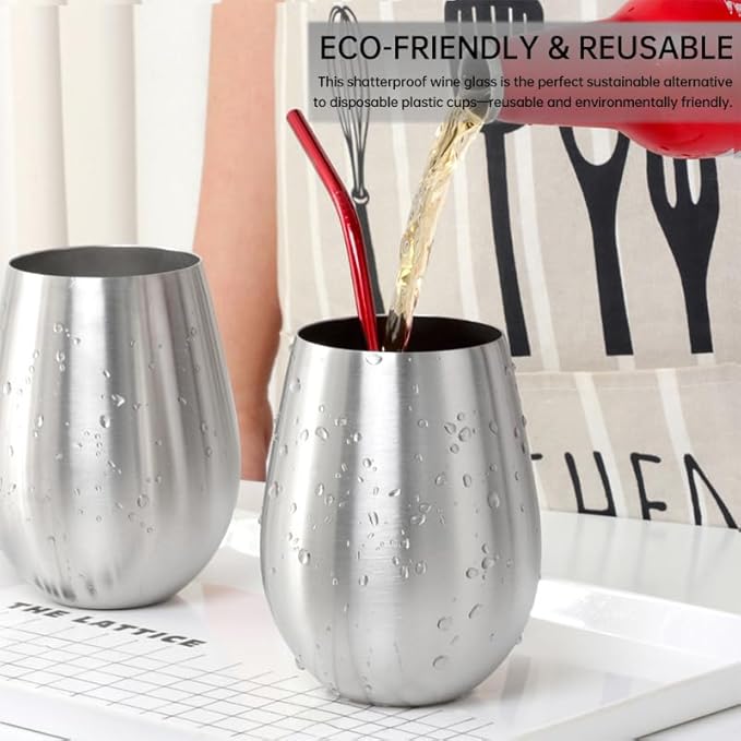Buyer Star 304 Stainless Steel Wine Glasses Set of 4 - Large 17 oz Outdoor Stemless Wine Tumblers - 100% Unbreakable & Stemless Metal Drinking Cups for Home and Outdoors Dishwasher safe (Silver)