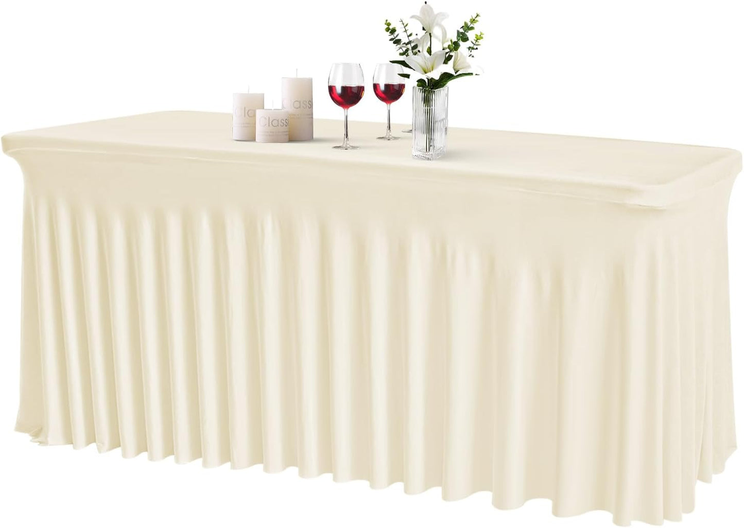 JCJ Table Skirt for Rectangle Tables Spandex Fitted Ivory Tablecloths for 6FT Tables, Wrinkle Resistant Ruffles Elastic Table Cover Skirts for Teacher Desk Weddings Banquets Parties